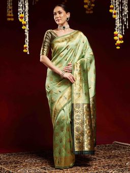 Akhilam - Women Green Silk Blend Woven Saree with Unstitched Blouse