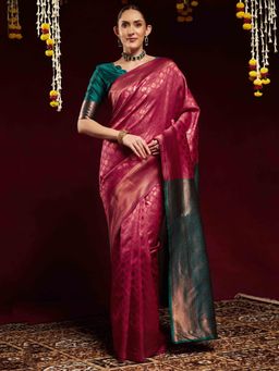 Akhilam - Women Pink Silk Blend Woven Saree with Unstitched Blouse