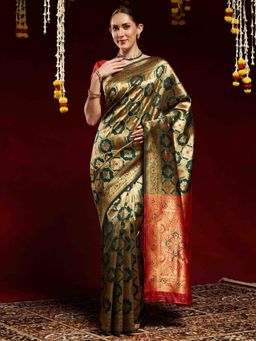 Akhilam - Women Green Silk Blend Woven Saree with Unstitched Blouse