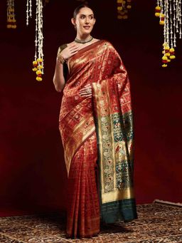 Akhilam - Women Red Silk Blend Woven Saree with Unstitched Blouse