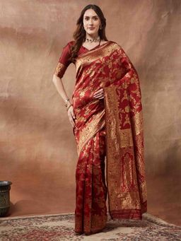 Akhilam - Women Maroon Silk Blend Woven Saree with Unstitched Blouse