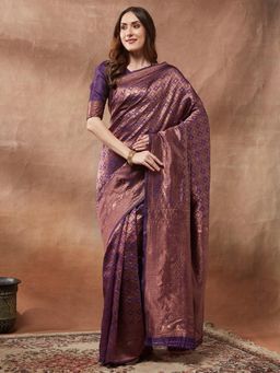 Akhilam - Women Purple Silk Blend Woven Saree with Unstitched Blouse