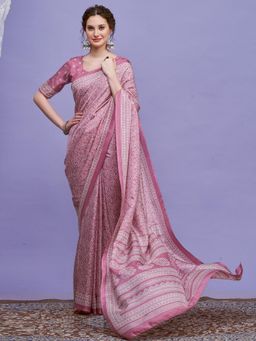 Akhilam - Women Mauve Silk Blend Printed Saree with Unstitched Blouse