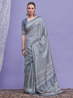 Akhilam - Women Grey Silk Blend Printed Saree with Unstitched Blouse