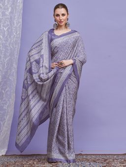 Akhilam - Women Purple Silk Blend Printed Saree with Unstitched Blouse