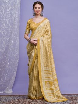 Akhilam - Women Mustard Silk Blend Printed Saree with Unstitched Blouse