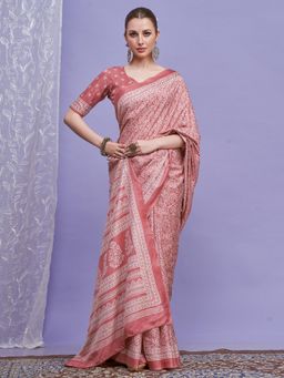 Akhilam - Women Peach Silk Blend Printed Saree with Unstitched Blouse