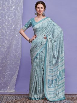 Akhilam - Women Blue Silk Blend Printed Saree with Unstitched Blouse