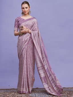 Akhilam - Women Lavender Silk Blend Printed Saree with Unstitched Blouse