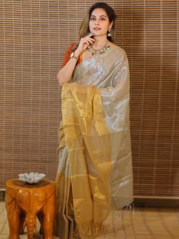 Akhilam - Women Multi-Color Tissue Colorblock Saree with Unstitched Blouse