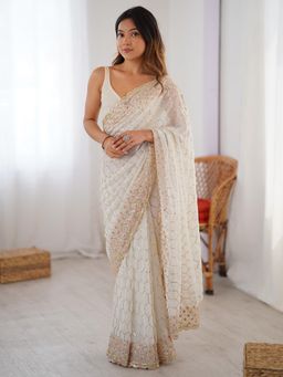 Akhilam - Women Off White Georgette Embellished Saree with Unstitched Blouse