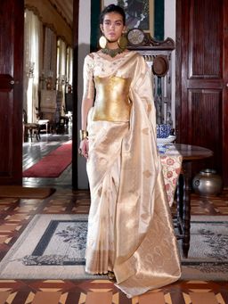 Akhilam - Women Off White Silk Blend Woven Saree with Unstitched Blouse