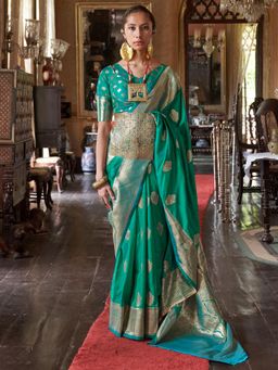 Akhilam - Women Turquoise Silk Blend Woven Saree with Unstitched Blouse