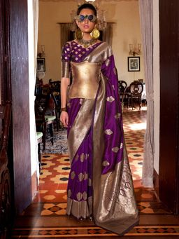 Akhilam - Women Purple Silk Blend Woven Saree with Unstitched Blouse