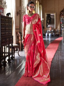 Akhilam - Women Pink Silk Blend Woven Saree with Unstitched Blouse