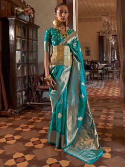 Akhilam - Women Blue Silk Blend Woven Saree with Unstitched Blouse