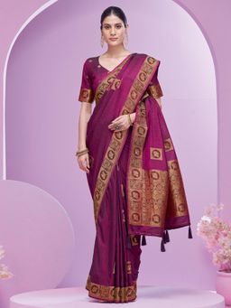 Akhilam - Women Purple Satin Woven Saree with Unstitched Blouse