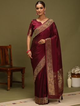 Akhilam - Women Maroon Satin Woven Saree with Unstitched Blouse