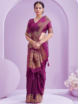 Akhilam - Women Purple Satin Woven Saree with Unstitched Blouse