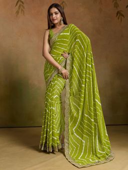 Akhilam - Women Green Georgette Printed Saree with Unstitched Blouse