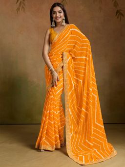 Akhilam - Women Yellow Georgette Printed Saree with Unstitched Blouse