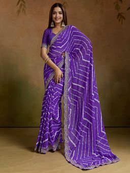 Akhilam - Women Purple Georgette Printed Saree with Unstitched Blouse