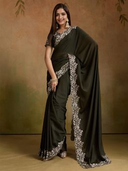 Akhilam - Women Olive Georgette Embroidered Saree with Unstitched Blouse