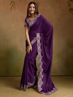 Akhilam - Women Purple Georgette Embroidered Saree with Unstitched Blouse