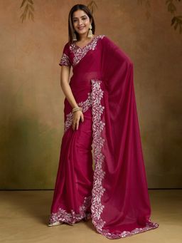 Akhilam - Women Pink Georgette Embroidered Saree with Unstitched Blouse
