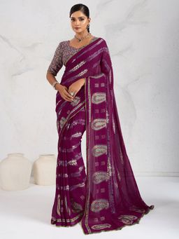 Akhilam - Women Purple Georgette Printed Saree with Unstitched Blouse