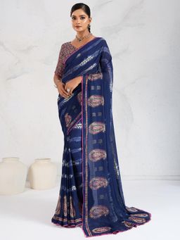 Akhilam - Women Navy Blue Georgette Printed Saree with Unstitched Blouse
