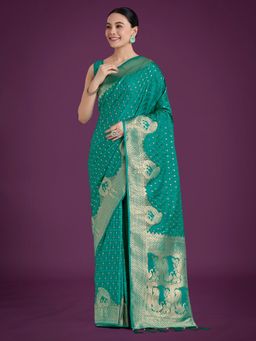 Monjolika Fashion - Gorgeous Turquoise Woven Saree with Unstitched Blouse