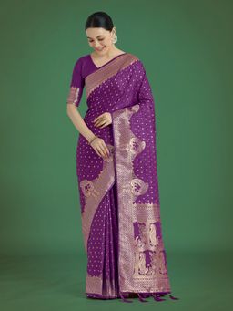 Monjolika Fashion - Gorgeous Purple Woven Designer Silk Saree with Unstitched Blouse