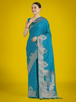 Monjolika Fashion - Gorgeous Cyan Blue Woven Saree with Unstitched Blouse