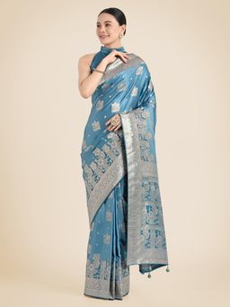 Monjolika Fashion - Cyan Blue Pink Zari Weaving Saree with Unstitched Blouse