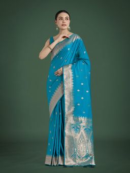 Monjolika Fashion - Divine Cyan Blue Soft Silk Saree with Unstitched Blouse