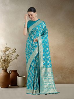 Monjolika Fashion - Effervescent Aqua Blue Soft Silk Saree with Unstitched Blouse