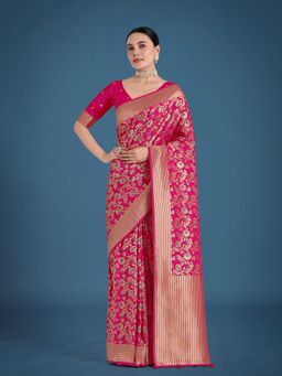 Monjolika Fashion - Silk Rani Pink Zaal Pattern Saree with Unstitched Blouse