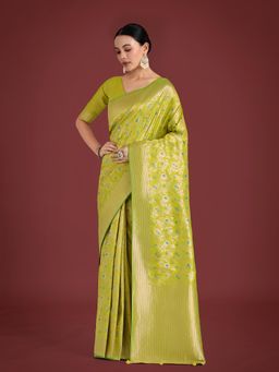 Monjolika Fashion - Silk Parrot Green Zaal Pattern Saree with Unstitched Blouse