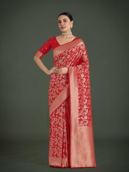 Monjolika Fashion - Silk Red Zaal Pattern Traditional Saree with Unstitched Blouse