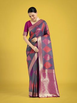 Monjolika Fashion - Multi Colour Silk Zari Weaving Saree with Unstitched Blouse