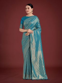 Monjolika Fashion - Dusty Cyan Banarasi Satin Silk Saree with Unstitched Blouse