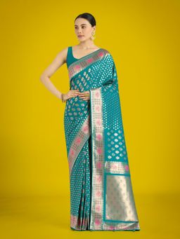 Monjolika Fashion - Cyan Blue Silk Zari Weaving Saree with Unstitched Blouse