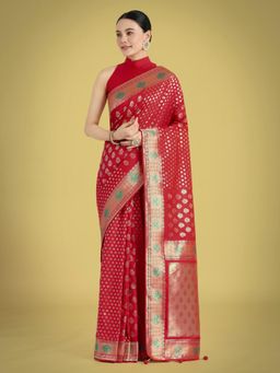 Monjolika Fashion - Red Colour Silk Zari Weaving Classic Saree with Unstitched Blouse