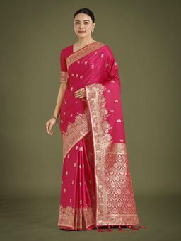 Monjolika Fashion - Hot Pink With Gold Bordar Woven Satin Saree with Unstitched Blouse
