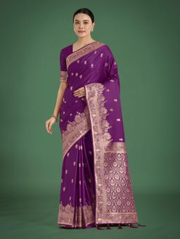 Monjolika Fashion - Purple With Gold Bordar Woven Satin Saree with Unstitched Blouse
