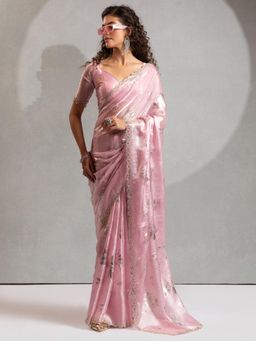 Akhilam - Women Pink Satin Embellished Saree with Unstitched Blouse