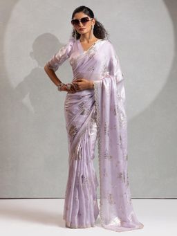Akhilam - Women Lavender Satin Embellished Saree with Unstitched Blouse