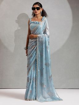 Akhilam - Women Blue Satin Embellished Saree with Unstitched Blouse