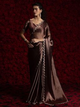Akhilam - Women Brown Tissue Embellished Saree with Unstitched Blouse